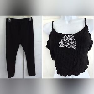 Black Women's Two-Piece Lounge Set with Rose Accent